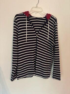 L.L. Bean Navy and White Striped Zip Hoodie with Red Hood with pockets